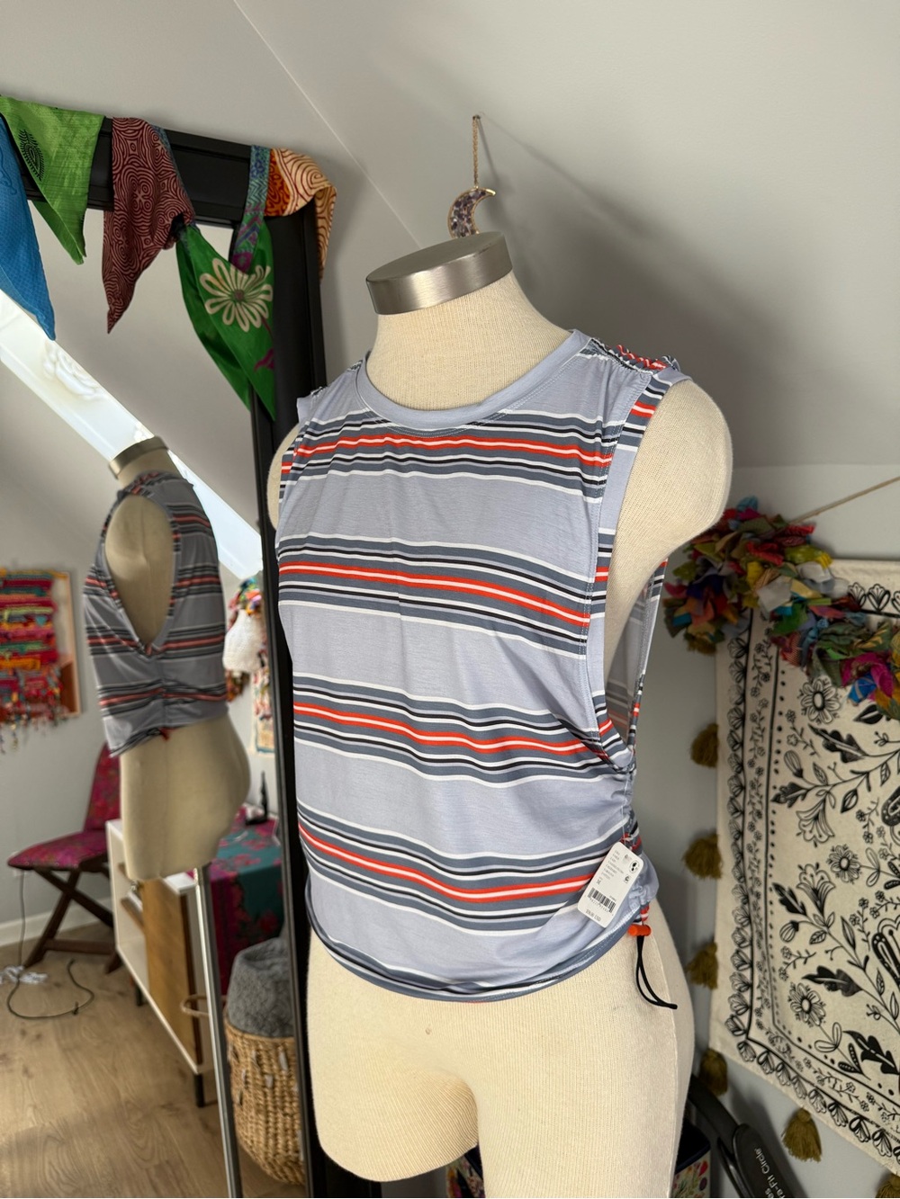 FP Movement by Free People Light Blue Striped Tank with Orange & Navy Accents